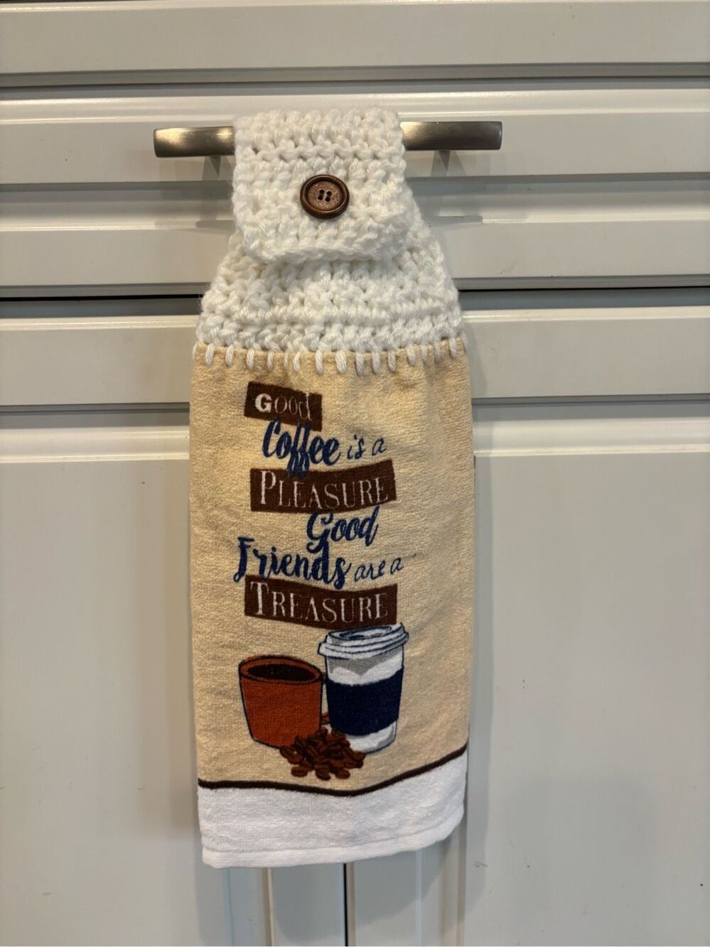 Crochet Top Kitchen Towel- Good coffee is a pleasure good friends are a treasure